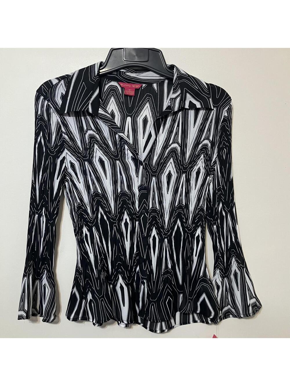 Sunny Leigh Whimsical Black White Patterned Sheer Artsy Blouse XL-New $64